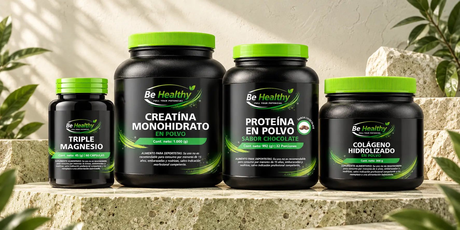 Nueva línea Be Healthy sobre una base de piedra: Triple Magnesio, creatina, proteína y colágeno
